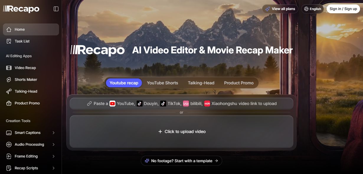 Recapo homepage in Video Recap mode with link import, upload, and workflow selection