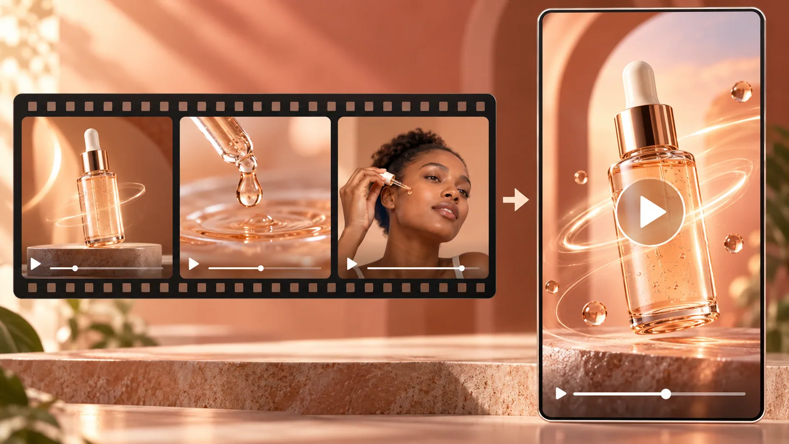 Three product source video shots edited into a vertical skincare promotional video with a play button