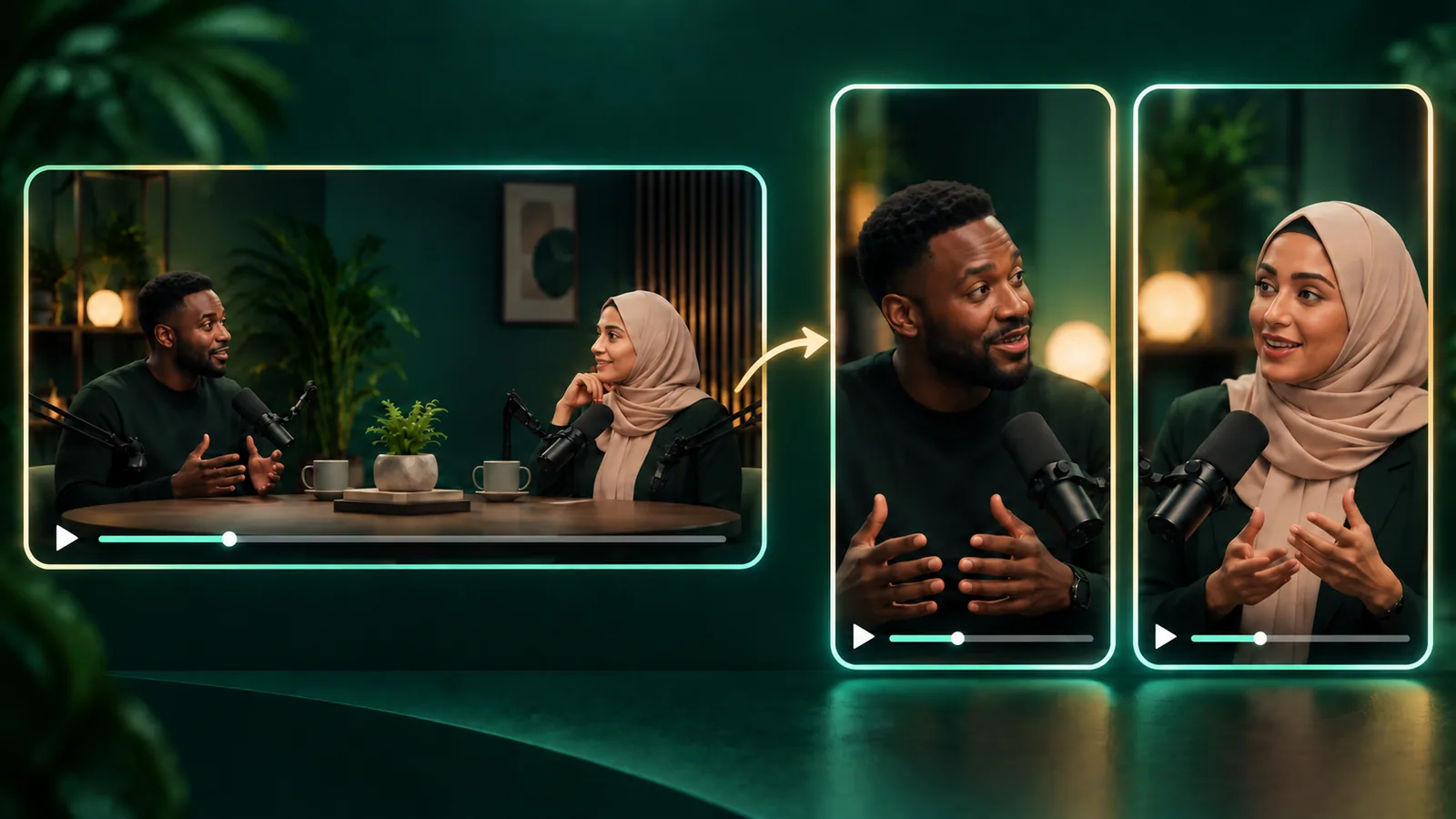 One widescreen podcast interview becoming two vertical talking-head video clips with playback controls