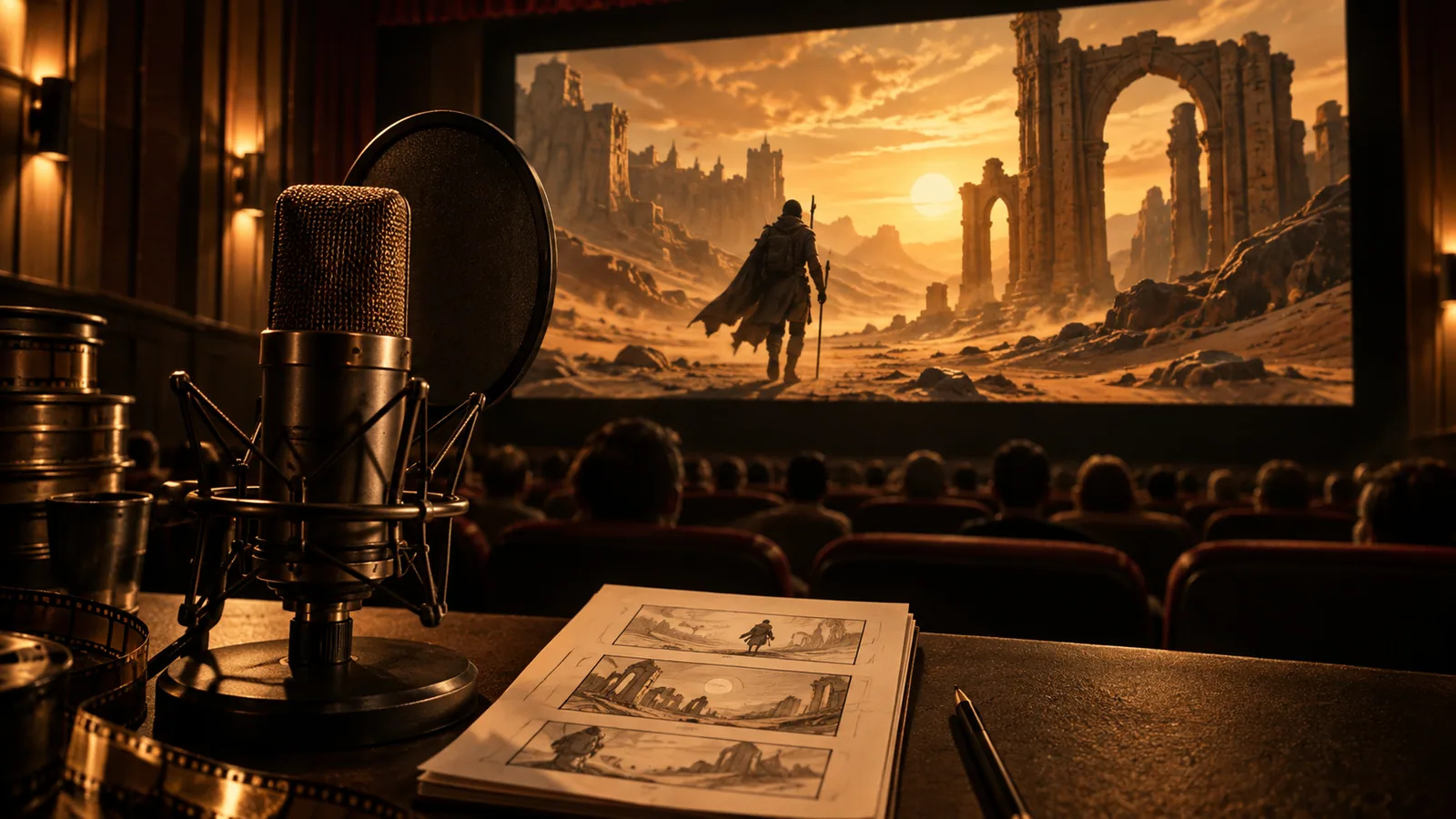 Cinema footage, narration microphone, and storyboard showing a video recap workflow
